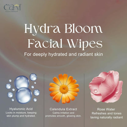 Caryl Hydra Bloom Facial Wipes | Gentle Hydrating & Moisturizing Face Wipes with Sodium Hyaluronate, Calendula & Rose Water | Soft, Smooth & Refreshed Skin - 72 Single Sachets