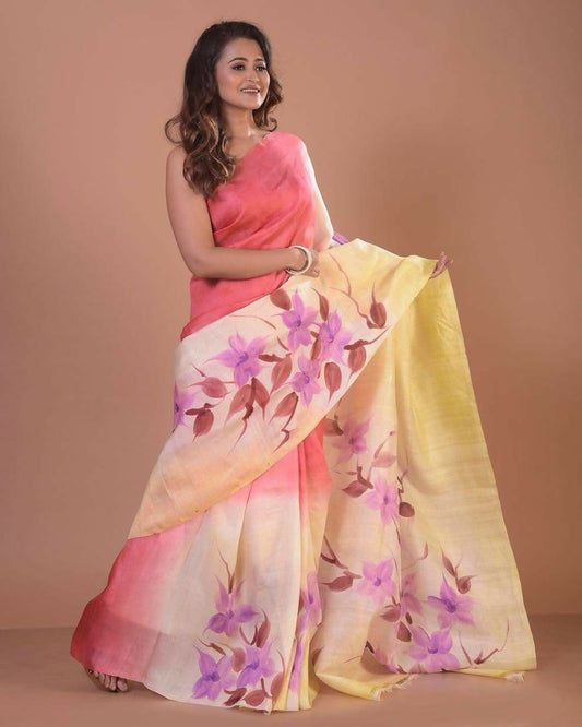 Sunset Bloom Semi Murshidabad Bapta Silk Saree – Pink, Yellow & Cream with Purple Handblock Florals + Blouse