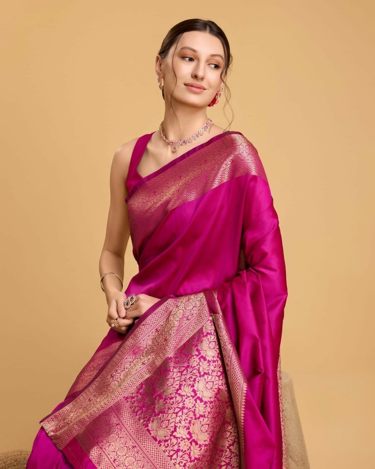 Handcrafted Rani Pink Kathan Silk Saree with Rich Golden Zari Border & Floral Designer Pallu
