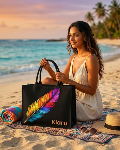 Custom Name Rainbow Feather Tote Bag | Canvas Handbag for Women