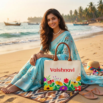 Custom Name Floral Elegance Tote Bag | Canvas Handbag for Women