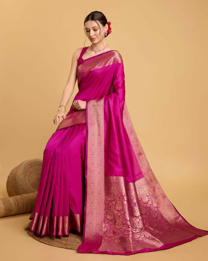Handcrafted Rani Pink Kathan Silk Saree with Rich Golden Zari Border & Floral Designer Pallu