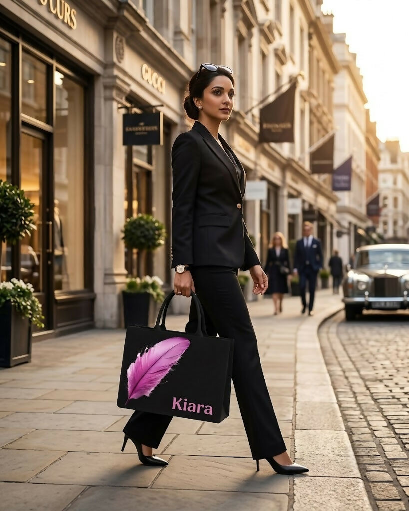 Custom Name Pink Feather Tote Bag | Canvas Handbag for Women
