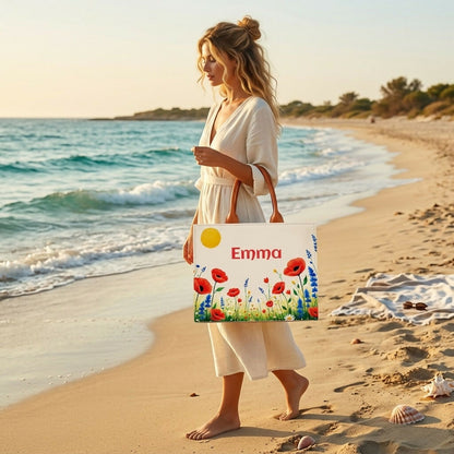 Custom Name Floral Meadow Tote Bag | Canvas Handbag for Women