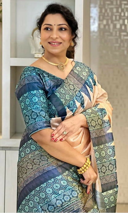 Elegant Peach Handcrafted Tussar Silk Saree with Contrasting Blue Border & Blouse Piece