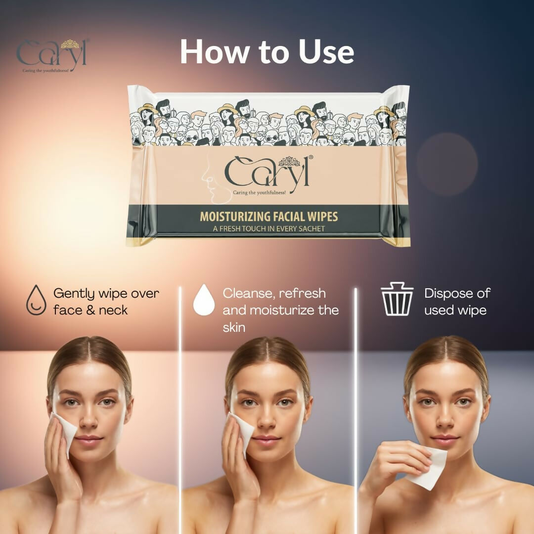 Caryl Moisturizing Facial Wipes |Makeup Removal Wipes Gently Cleanses, Hydrates & Refreshes Skin |Aloe Vera, Cucumber & Vitamin E |Non-Sticky, Soft & Alcohol-Free |All Skin Types |Travel Friendly Wet Wipes individually wrapped (72- Sachets)