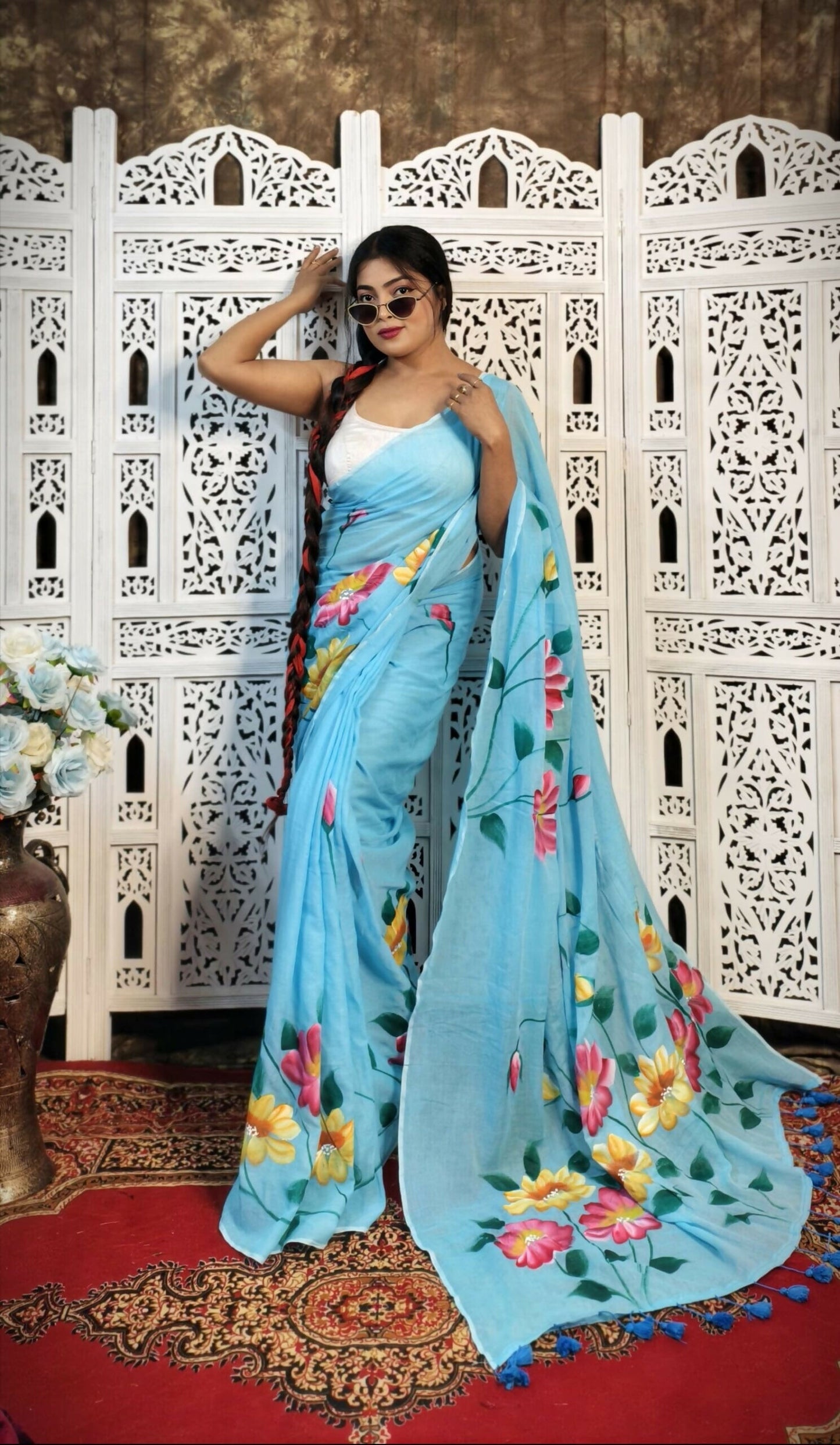 Hand-Painted Light Blue Mul Cotton Saree with Pink & Yellow Floral Motifs