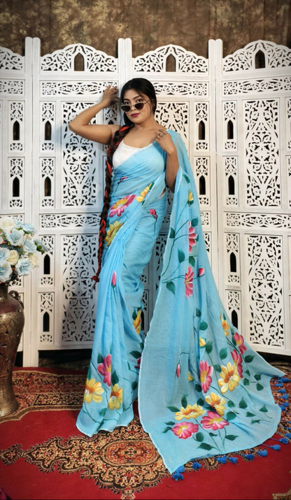 Hand-Painted Light Blue Mul Cotton Saree with Pink & Yellow Floral Motifs