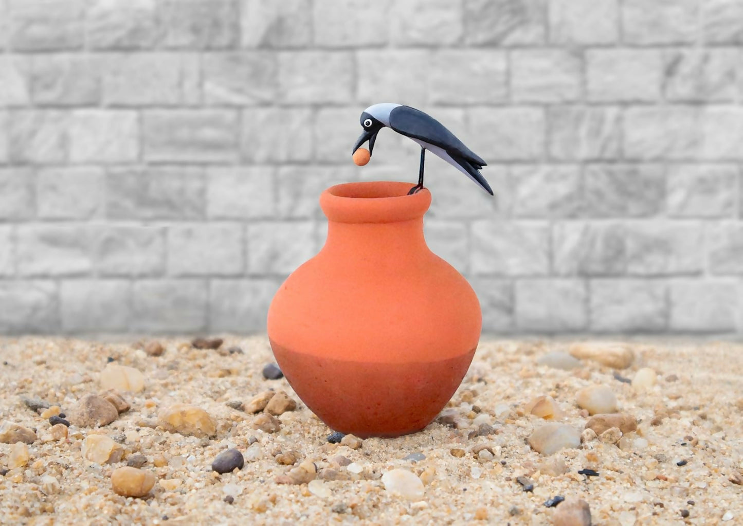 Terracotta Clay Bird Showpiece for Home & Table Decor | Handmade Krishnanagar Clay Craft Bird Figurine | Panchatantra Thirsty Crow Story Decorative Item