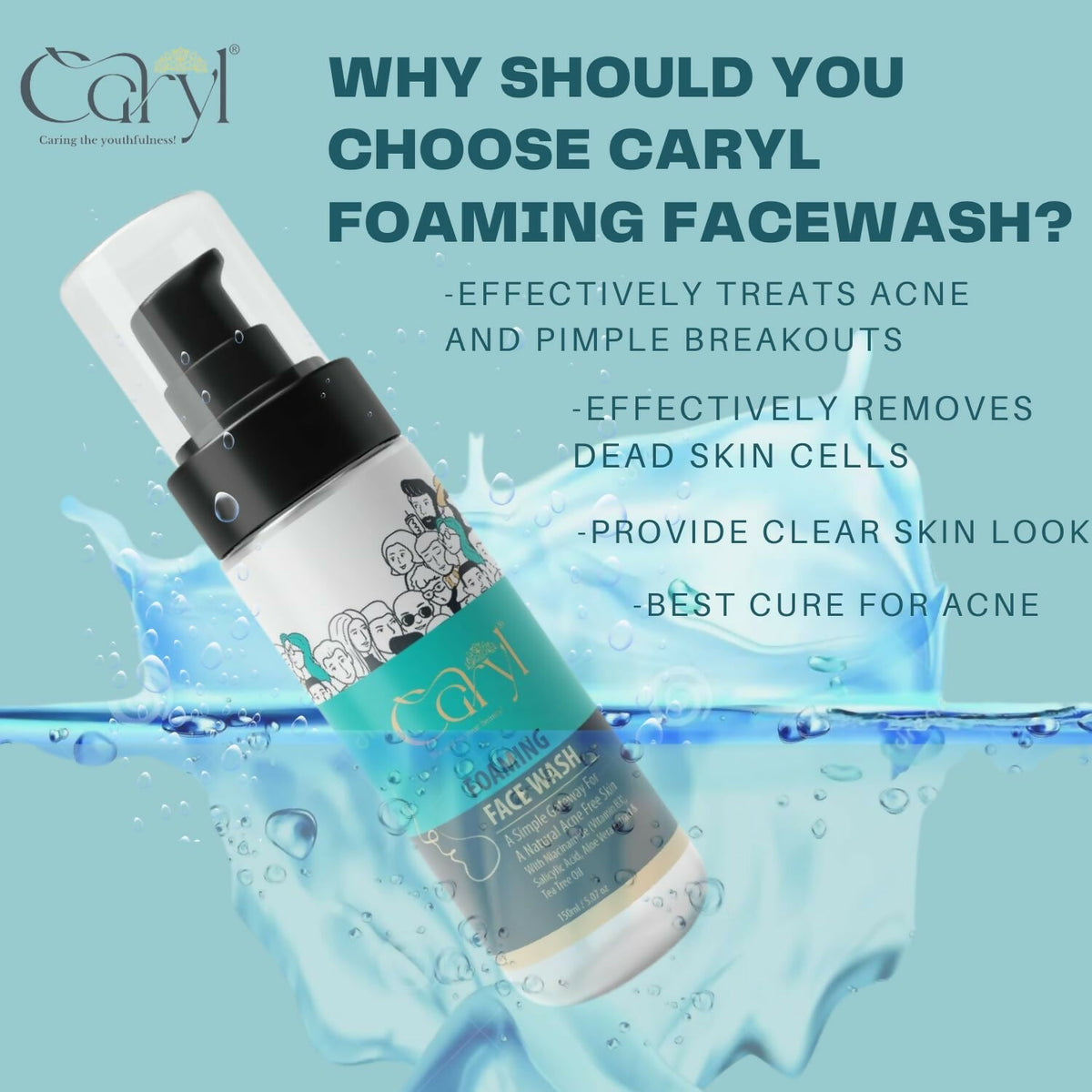 Caryl 150ml Foaming Face Wash | Salicylic Acid, Tea Tree Oil & Aloe Vera Face Cleanser for Oily & Acne-Prone Skin | Deep Pore Cleansing, Oil Control & Pimple Care | Paraben-Free Face Wash for Men & Women