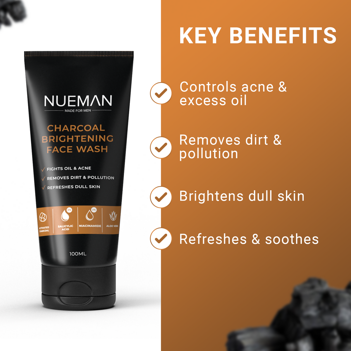 Charcoal Brightening Face Wash – 2% Salicylic Acid + 2% Niacinamide
