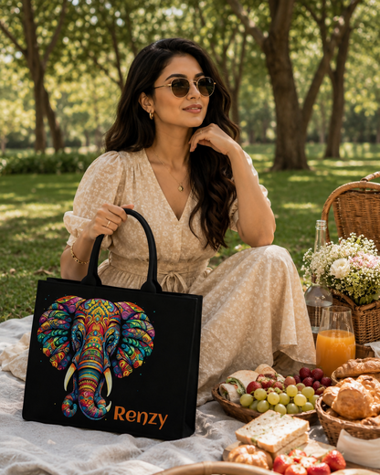 Custom Name Mandala Elephant Tote Bag | Canvas Handbag for Women