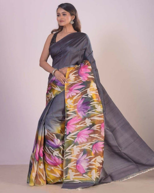 Twilight Garden Grey Semi Murshidabad Bapta Silk Saree – Vibrant Floral Handblock Pallu with Blouse