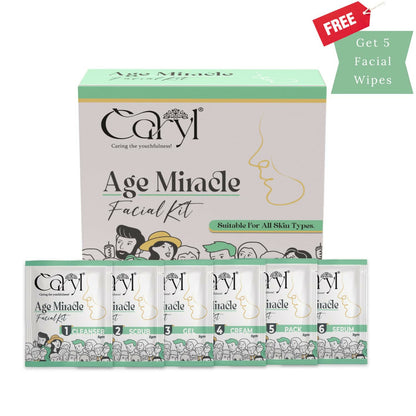 Caryl Age Miracle Facial Kit for Improves Skin Texture,Purifies Skin & Increases Firmness With Bakuchi,Carrot Seed Oil,Lactic Acid|Removes Dark Spot,Collagen Boost|All Skin Types 30g + 5 Facial Wipes