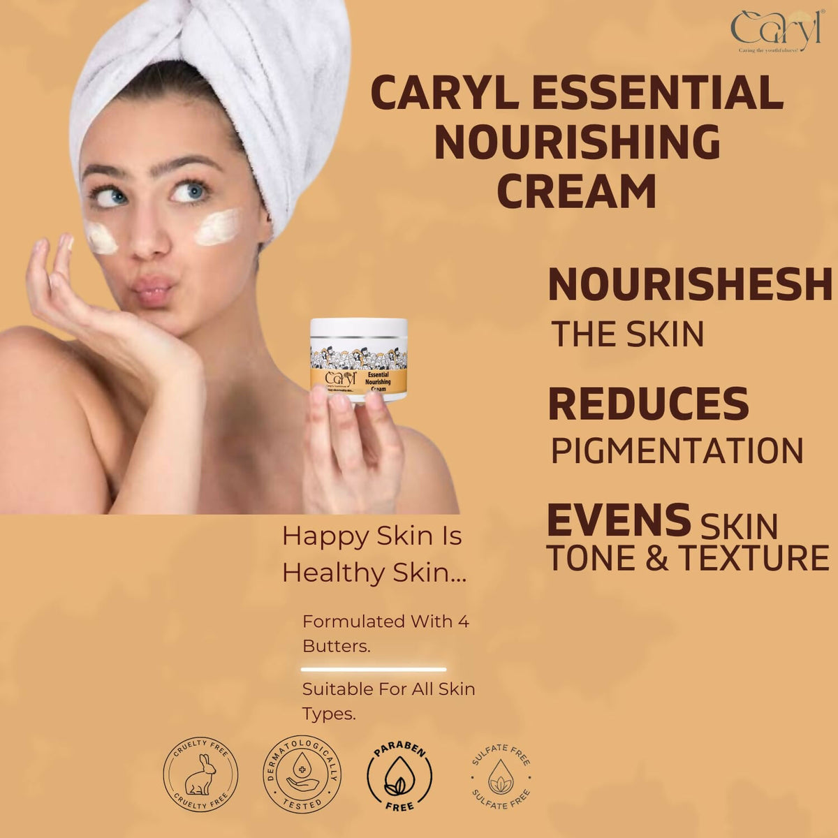 CARYL Essential Nourishing Cream 100gm – 4 Butters Formula for Soft, Supple & Radiant Skin | Enriched with Avocado, Shea, Cocoa & Mango Butter | Deep Moisturizing for Dry & Damaged Skin