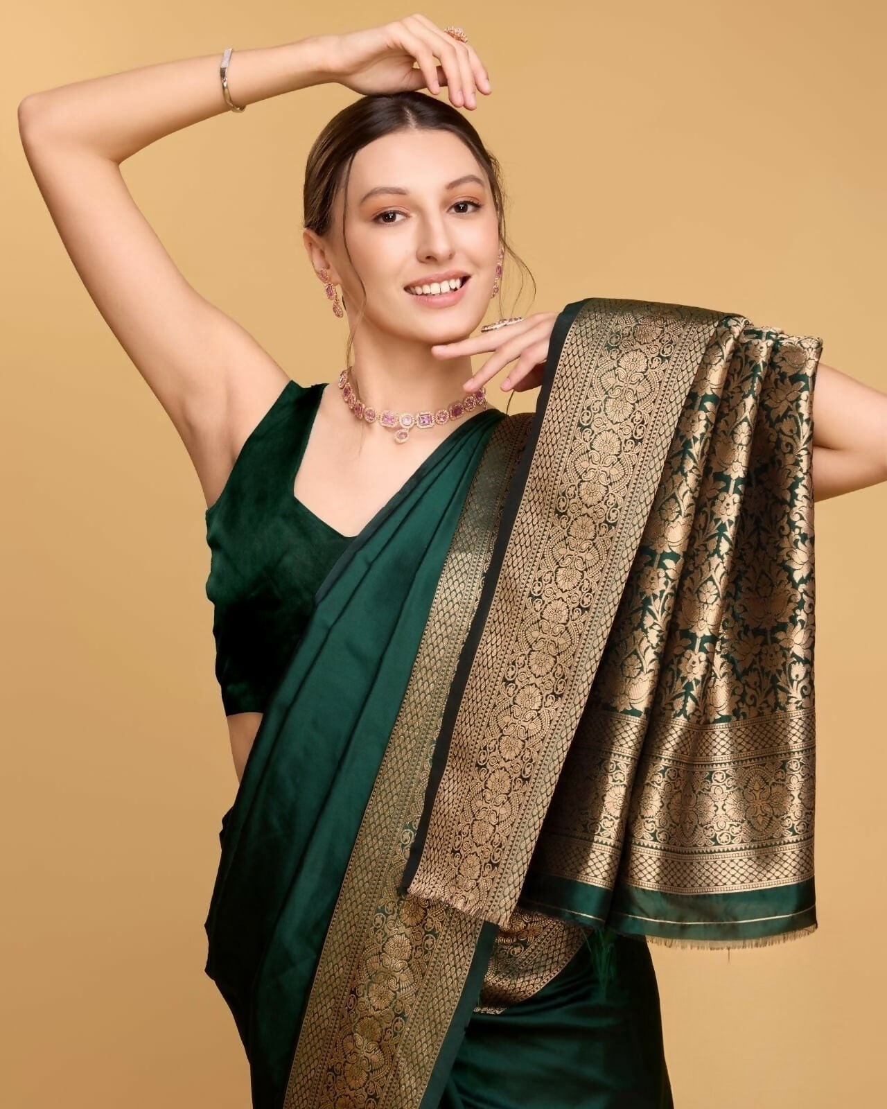 Handcrafted Emerald Green Kathan Silk Saree with Antique Gold Zari Border & Royal Floral Pallu