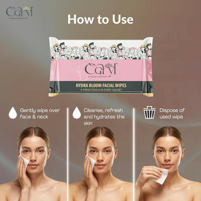 Caryl Hydra Bloom Facial Wipes | Gentle Hydrating & Moisturizing Face Wipes with Sodium Hyaluronate, Calendula & Rose Water | Soft, Smooth & Refreshed Skin - 72 Single Sachets