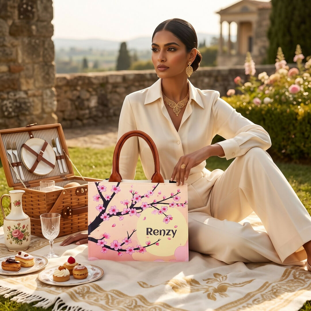 Custom Name Cherry Blossom Tote Bag | Canvas Handbag for Women