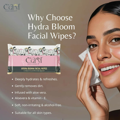 Caryl Hydra Bloom Facial Wipes | Gentle Hydrating & Moisturizing Face Wipes with Sodium Hyaluronate, Calendula & Rose Water | Soft, Smooth & Refreshed Skin - 72 Single Sachets