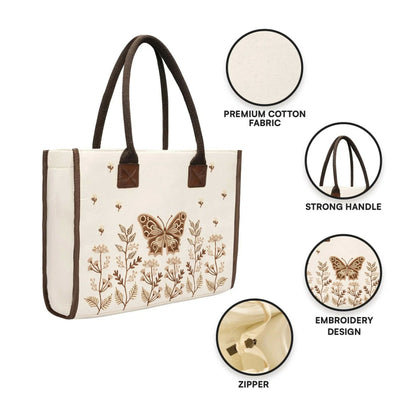 Personalized Butterfly Embroidered Cotton Canvas Handbag - Pure Cotton