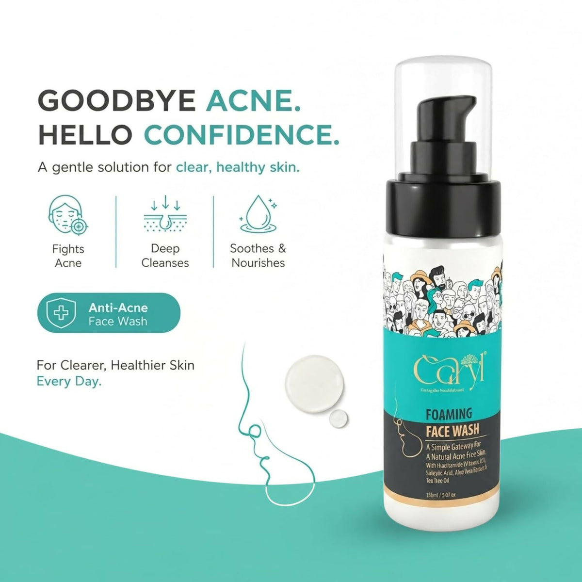 Caryl 150ml Foaming Face Wash | Salicylic Acid, Tea Tree Oil & Aloe Vera Face Cleanser for Oily & Acne-Prone Skin | Deep Pore Cleansing, Oil Control & Pimple Care | Paraben-Free Face Wash for Men & Women