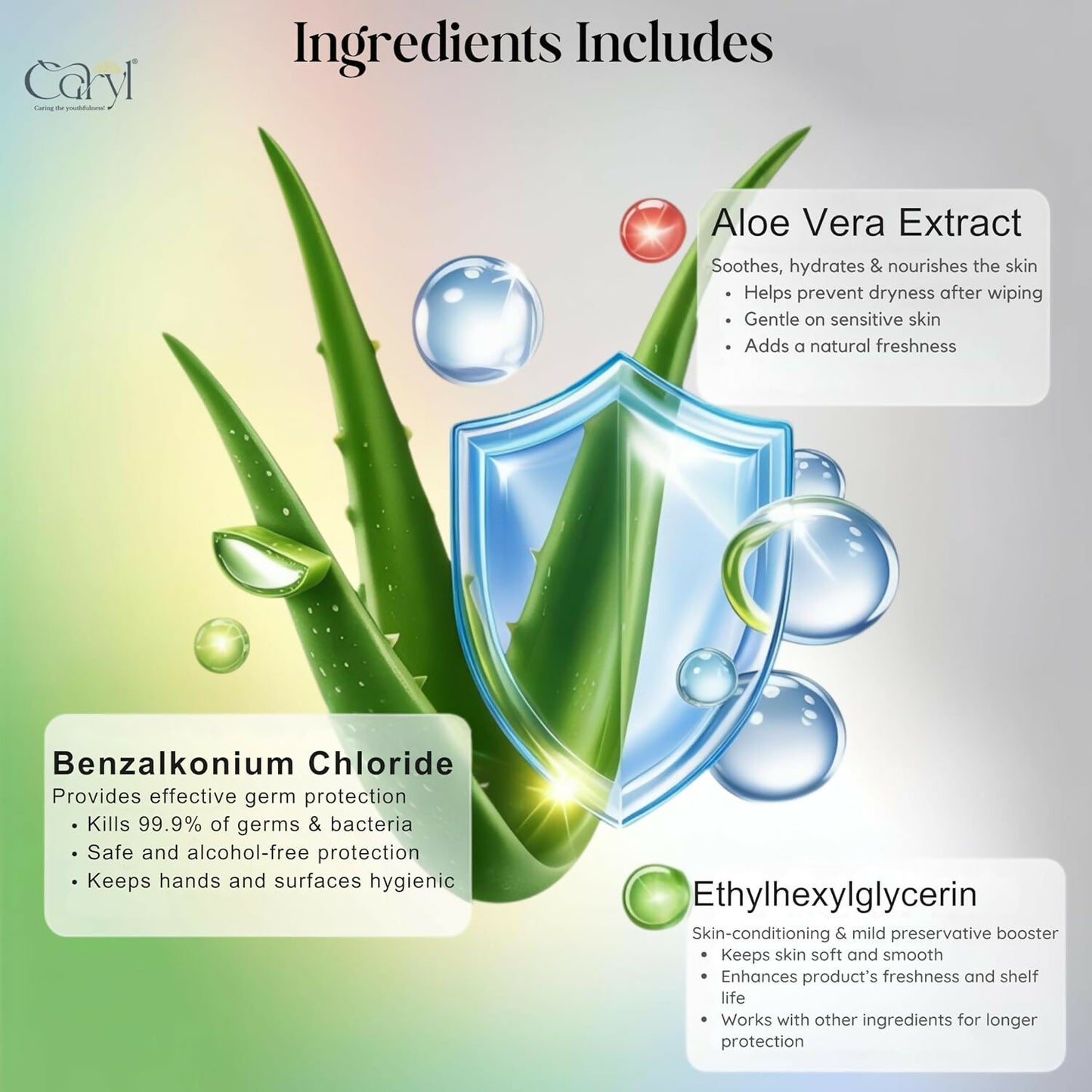 CARYL Germ Protection Wipes With Aloe Vera Extract | Multi-Purpose Disinfectant Wet Wipes for Hands and Surfaces | Anti-Germ Cleansing Facial Wipes | Gentle on Skin, Paraben-Free & Dermatologically Tested - 72 Single Sachets