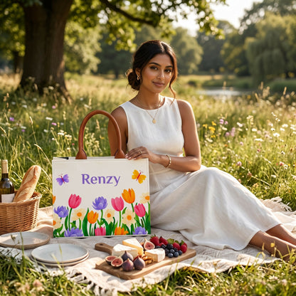 Custom Name Floral Butterfly Tote Bag | Canvas Handbag for Women