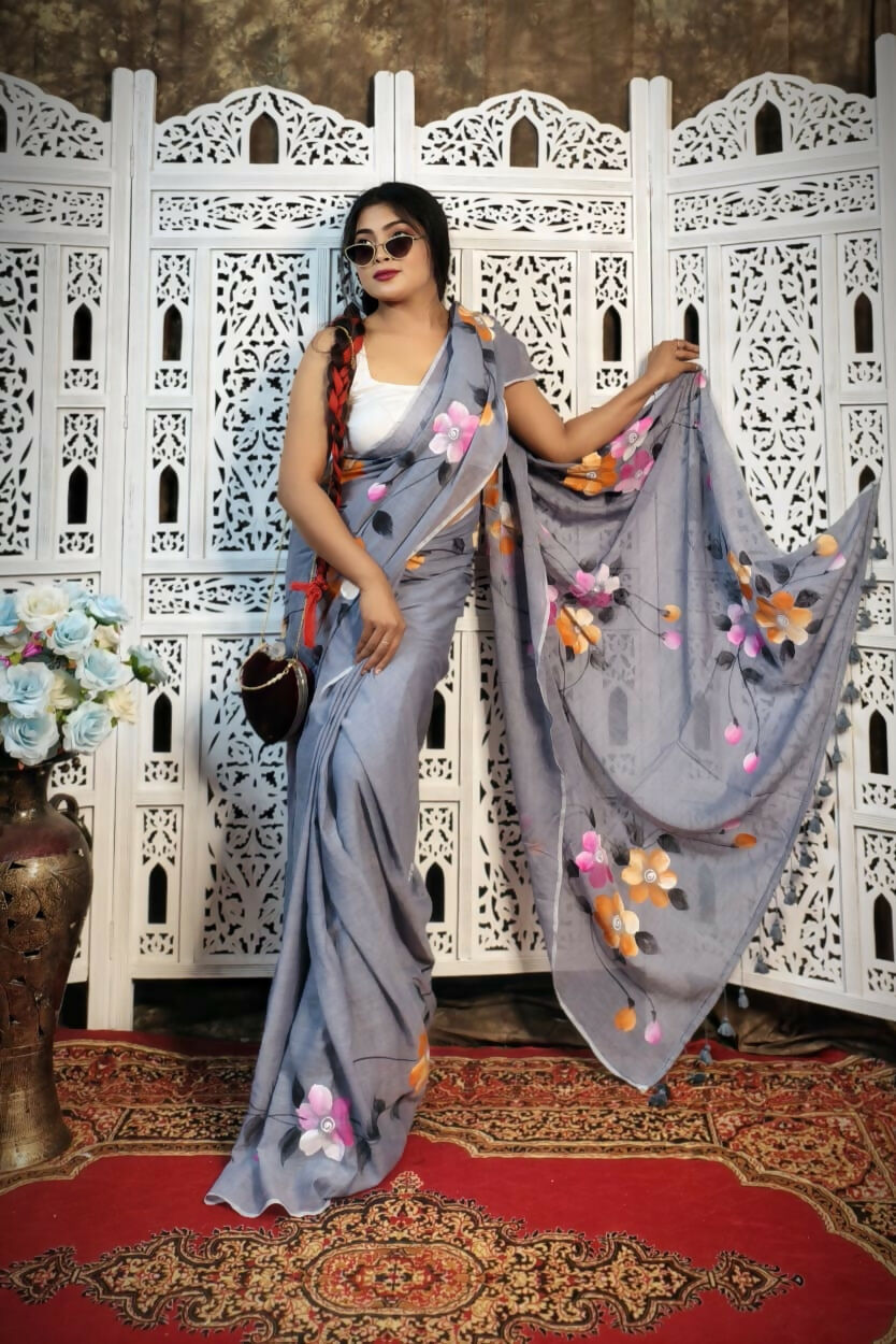 Hand-Painted Grey Mul Cotton Saree with Pink, Orange & White Floral Design