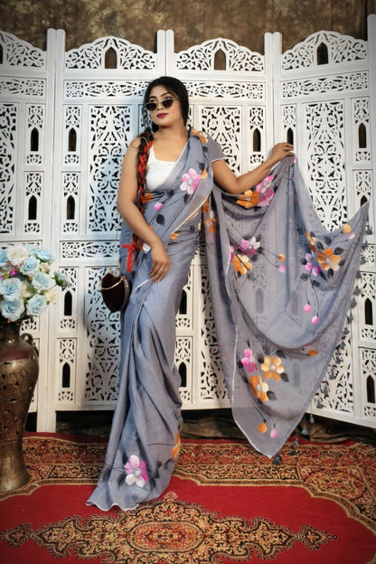 Hand-Painted Grey Mul Cotton Saree with Pink, Orange & White Floral Design