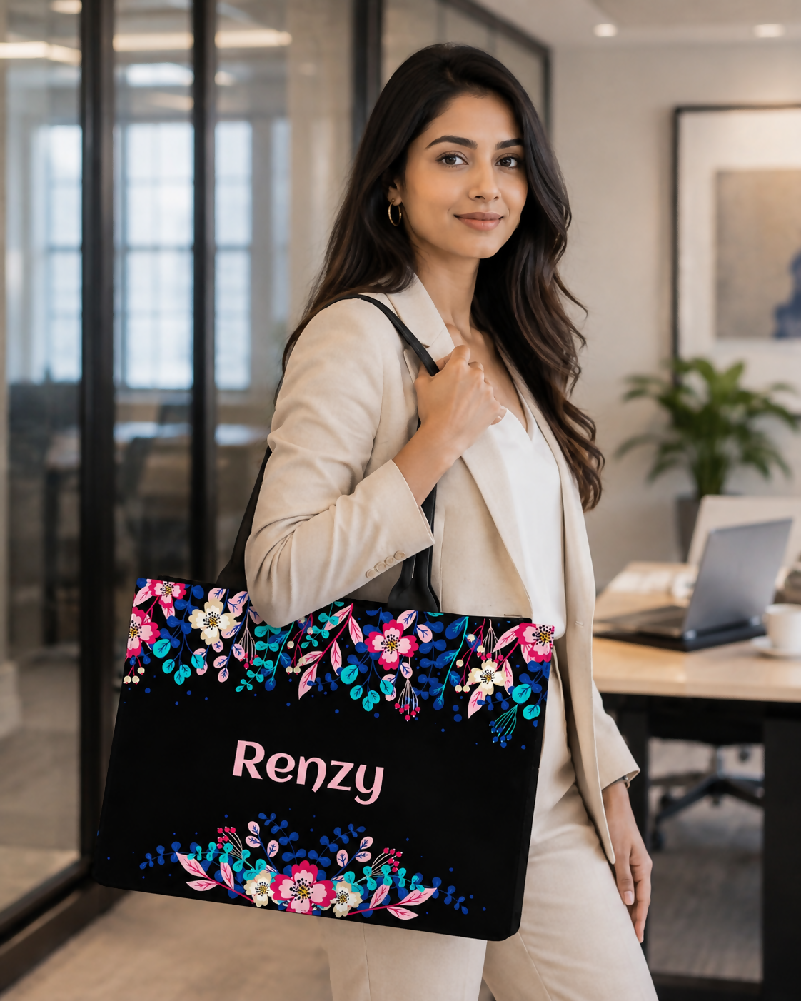 Custom Name Elegant Floral Tote Bag | Canvas Handbag for Women