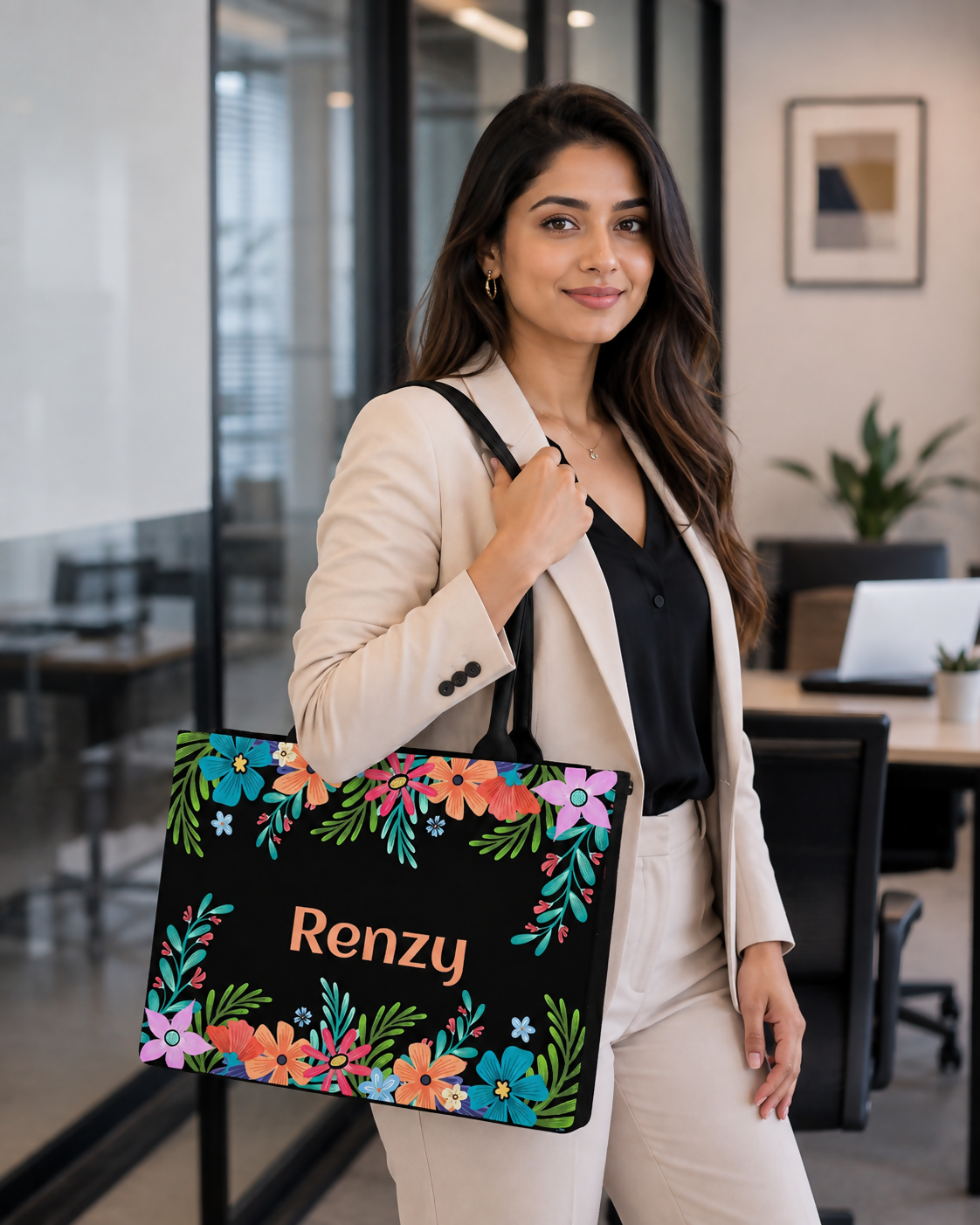 Custom Name Colorful Floral Tote Bag | Canvas Handbag for Women