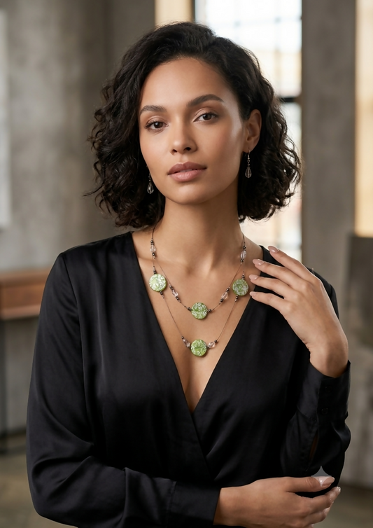 Green Foil Glass & Faceted Crystal Layered Jewelry Set