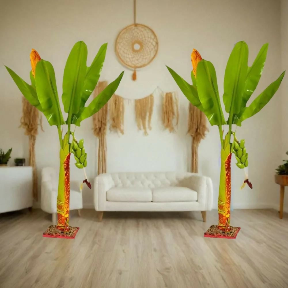 Artificial Banana Tree for Home Decor, 2 Pieces, Green Leaves with Red and Orange Flowers