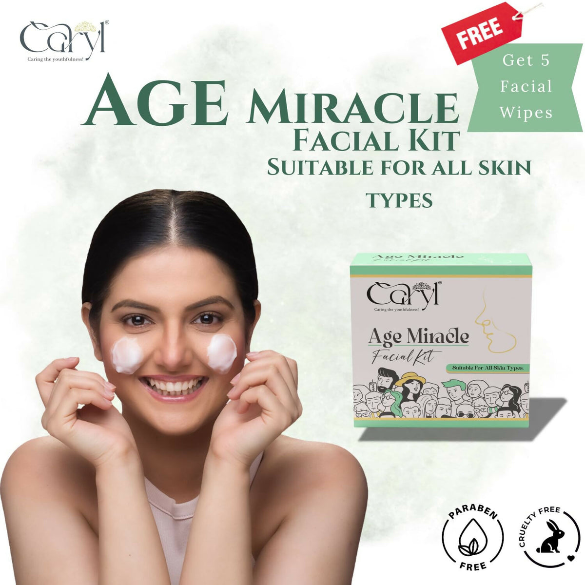 Caryl Age Miracle Facial Kit for Improves Skin Texture,Purifies Skin & Increases Firmness With Bakuchi,Carrot Seed Oil,Lactic Acid|Removes Dark Spot,Collagen Boost|All Skin Types 30g + 5 Facial Wipes