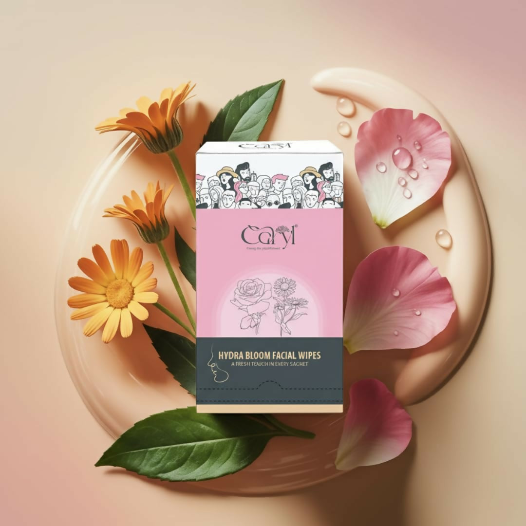 Caryl Hydra Bloom Facial Wipes | Gentle Hydrating & Moisturizing Face Wipes with Sodium Hyaluronate, Calendula & Rose Water | Soft, Smooth & Refreshed Skin - 72 Single Sachets