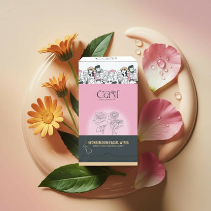Caryl Hydra Bloom Facial Wipes | Gentle Hydrating & Moisturizing Face Wipes with Sodium Hyaluronate, Calendula & Rose Water | Soft, Smooth & Refreshed Skin - 72 Single Sachets