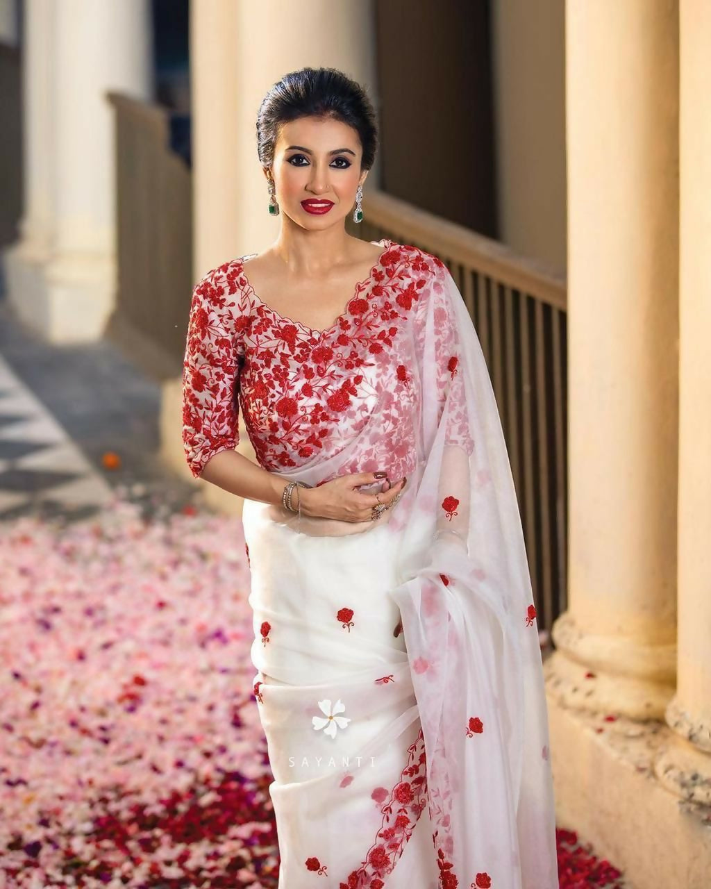 Graceful White Organza Bridal Bollywood Saree with Red Hand Embroidery & Blouse Piece
