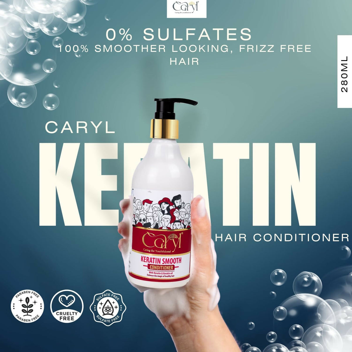 Caryl Keratin Smooth Conditioner 280ml | Frizz Control & Shine | Infused with Keratin & Shea Butter