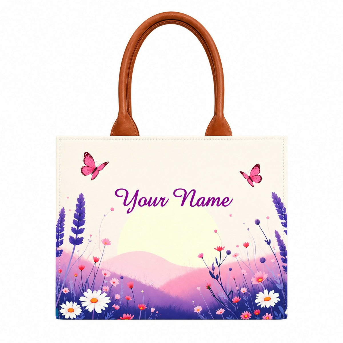 Custom Name Sunrise Meadow Tote Bag | Canvas Handbag for Women