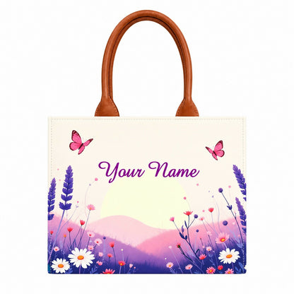 Custom Name Sunrise Meadow Tote Bag | Canvas Handbag for Women