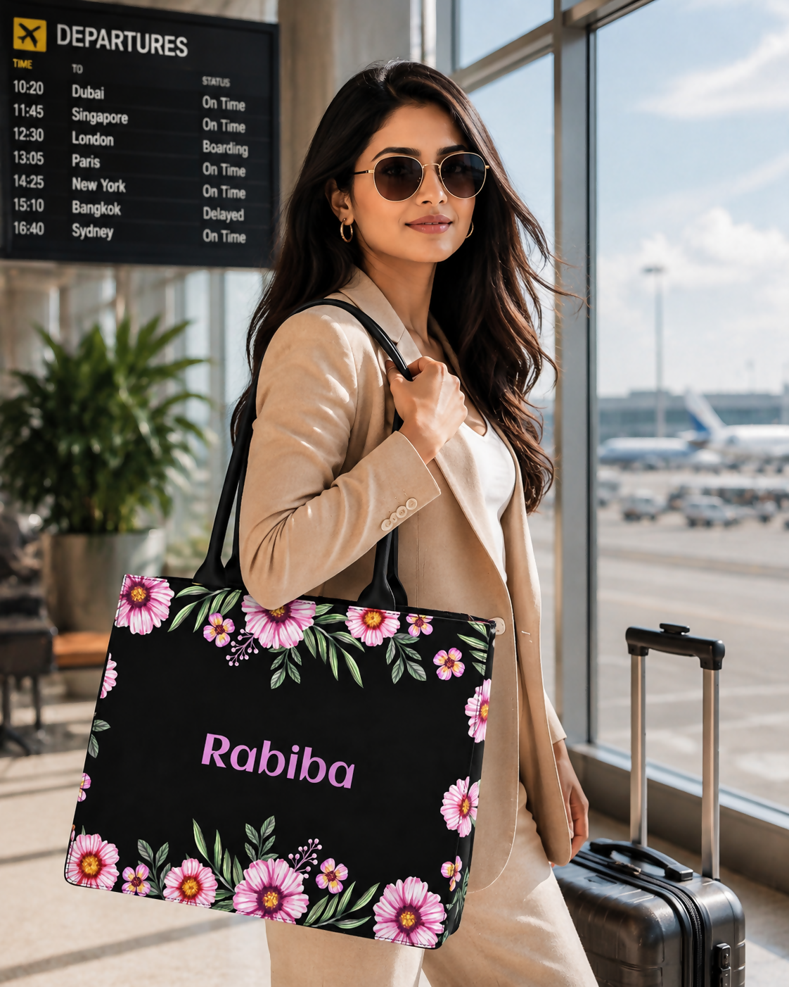 Custom Name Floral Elegance Tote Bag | Canvas Handbag for Women