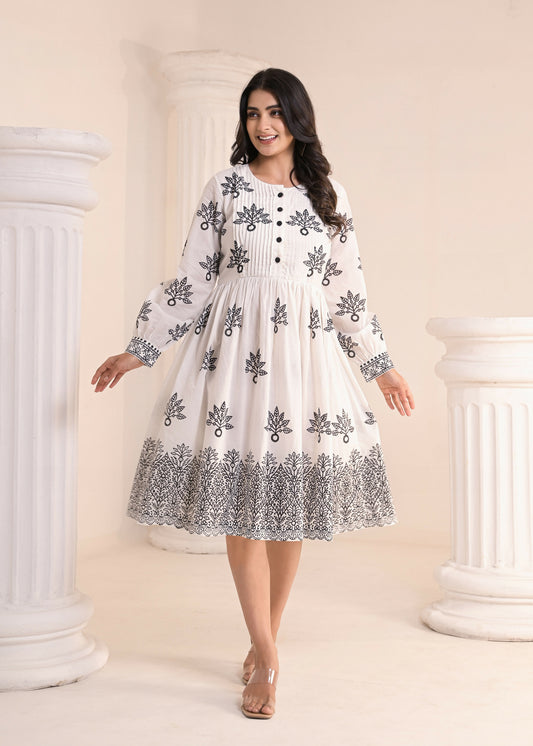 Qala Jaipur White Hand-Block Print Puff Sleeve Cotton Midi Dress