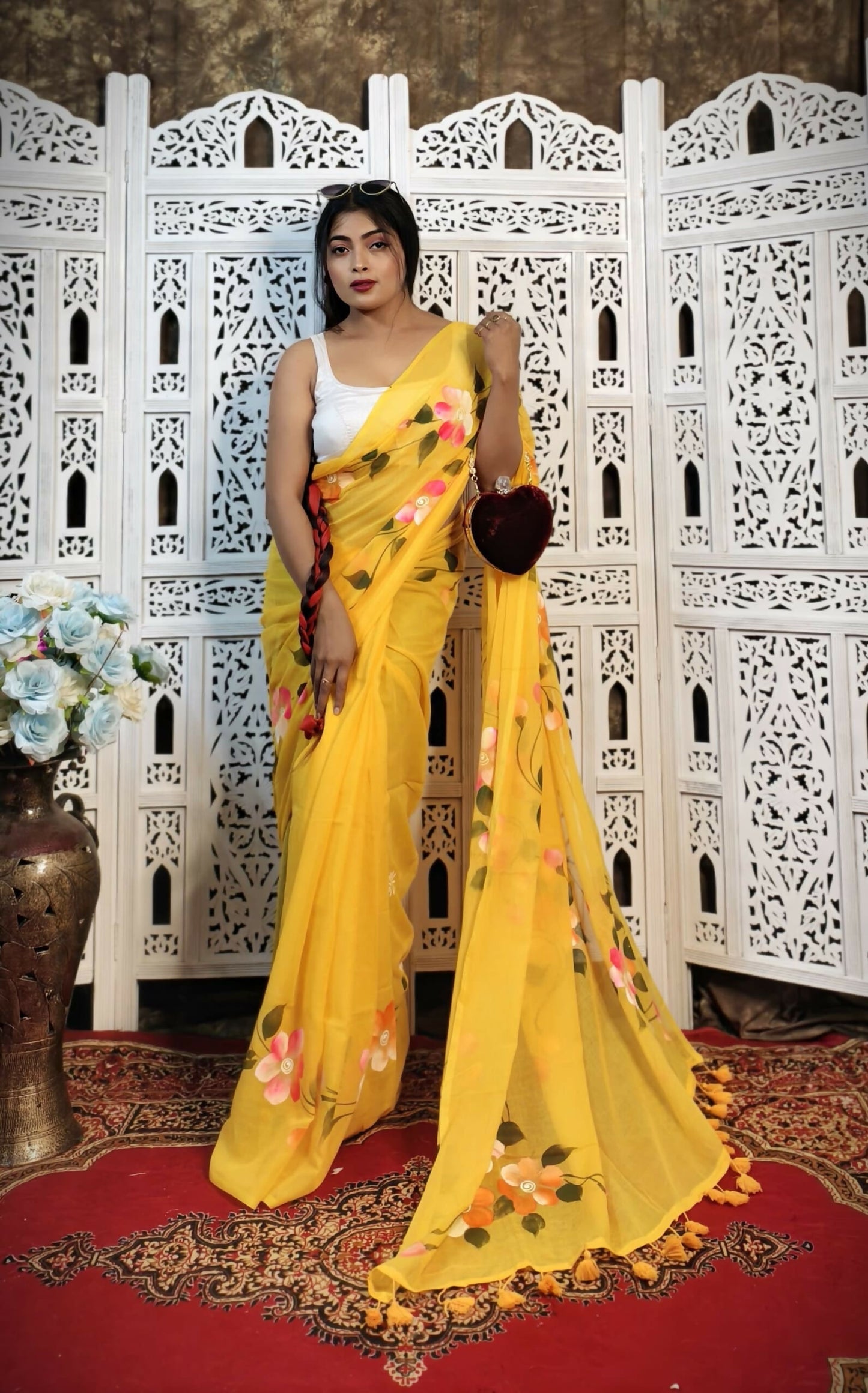 Hand-Painted Floral Mul Cotton Saree in Yellow – Pure & Breathable Fabric