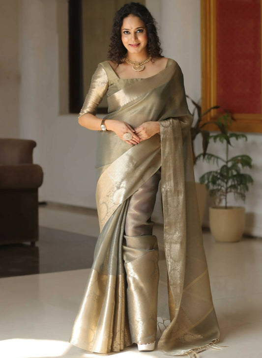 Golden Dusk – Handcrafted Banarasi Kota Tissue Saree in Light Taupe with Gold Zari