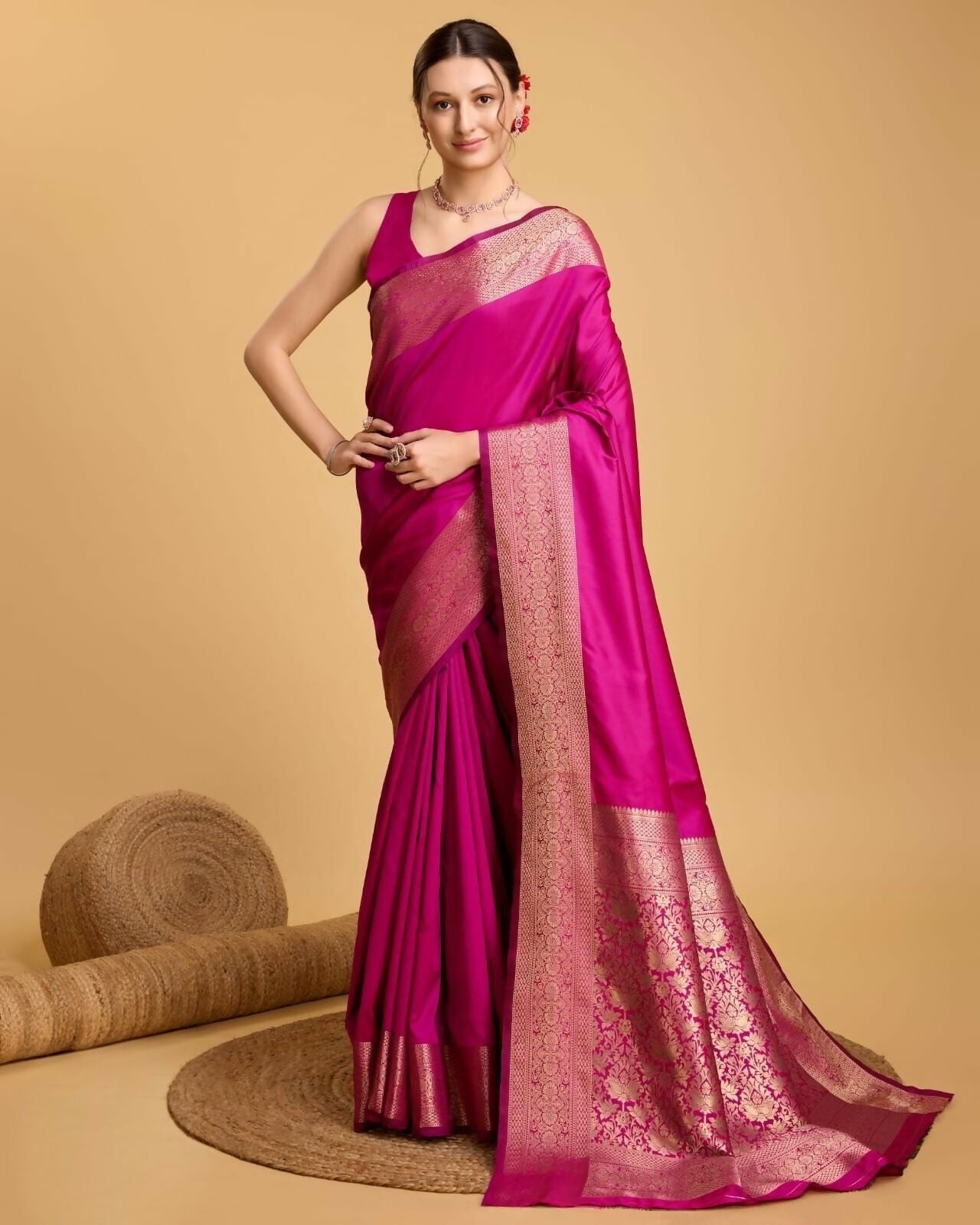 Handcrafted Rani Pink Kathan Silk Saree with Rich Golden Zari Border & Floral Designer Pallu