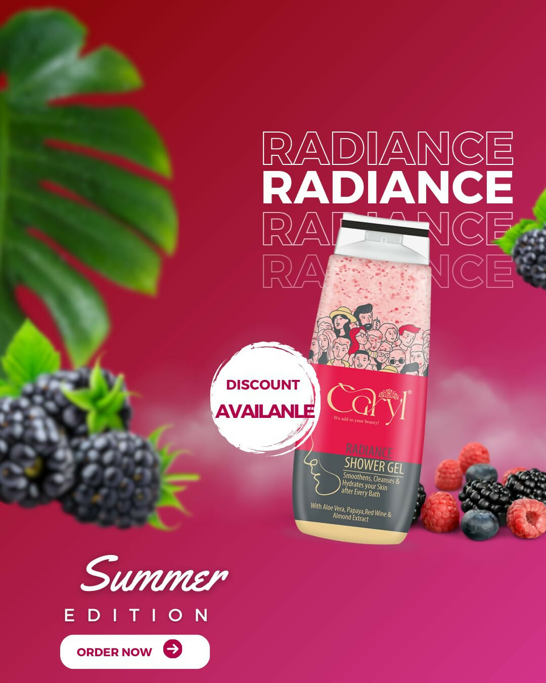 Caryl 280ml Radiance Body Wash for Glowing Skin|Hydrating Moisturizing Body Wash for Women Dry Skin|Shower Gel with Papaya Aloe Vera Red Wine Almond|Gentle Daily Body Bath & Skin Cleanser|Paraben Free Soap Free