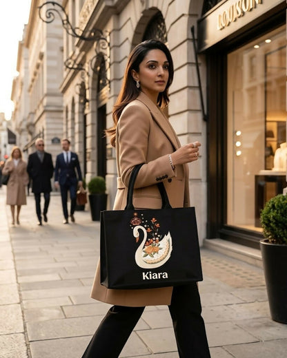 Custom Name Swan Tote Bag | Canvas Handbag for Women