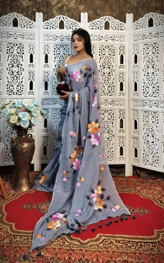 Hand-Painted Grey Mul Cotton Saree with Pink, Orange & White Floral Design