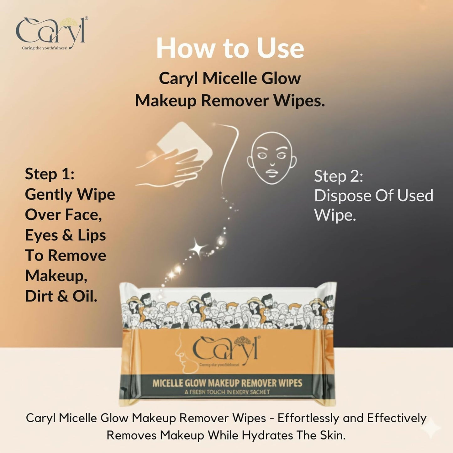 CARYL Micelle Glow makeup remover micellar water facial wet wipes for women (72 Single use Sachets) | Micellar Water Formula with Aloe Vera, Chamomile Extract, D Panthenol | Gentle Facial Cleansing Wet Tissues for Soft, Hydrated Skin, lipstick remover wip