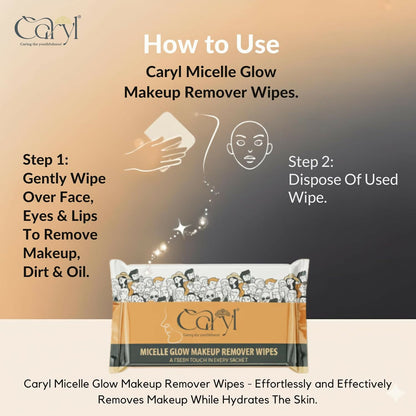 CARYL Micelle Glow makeup remover micellar water facial wet wipes for women (72 Single use Sachets) | Micellar Water Formula with Aloe Vera, Chamomile Extract, D Panthenol | Gentle Facial Cleansing Wet Tissues for Soft, Hydrated Skin, lipstick remover wip